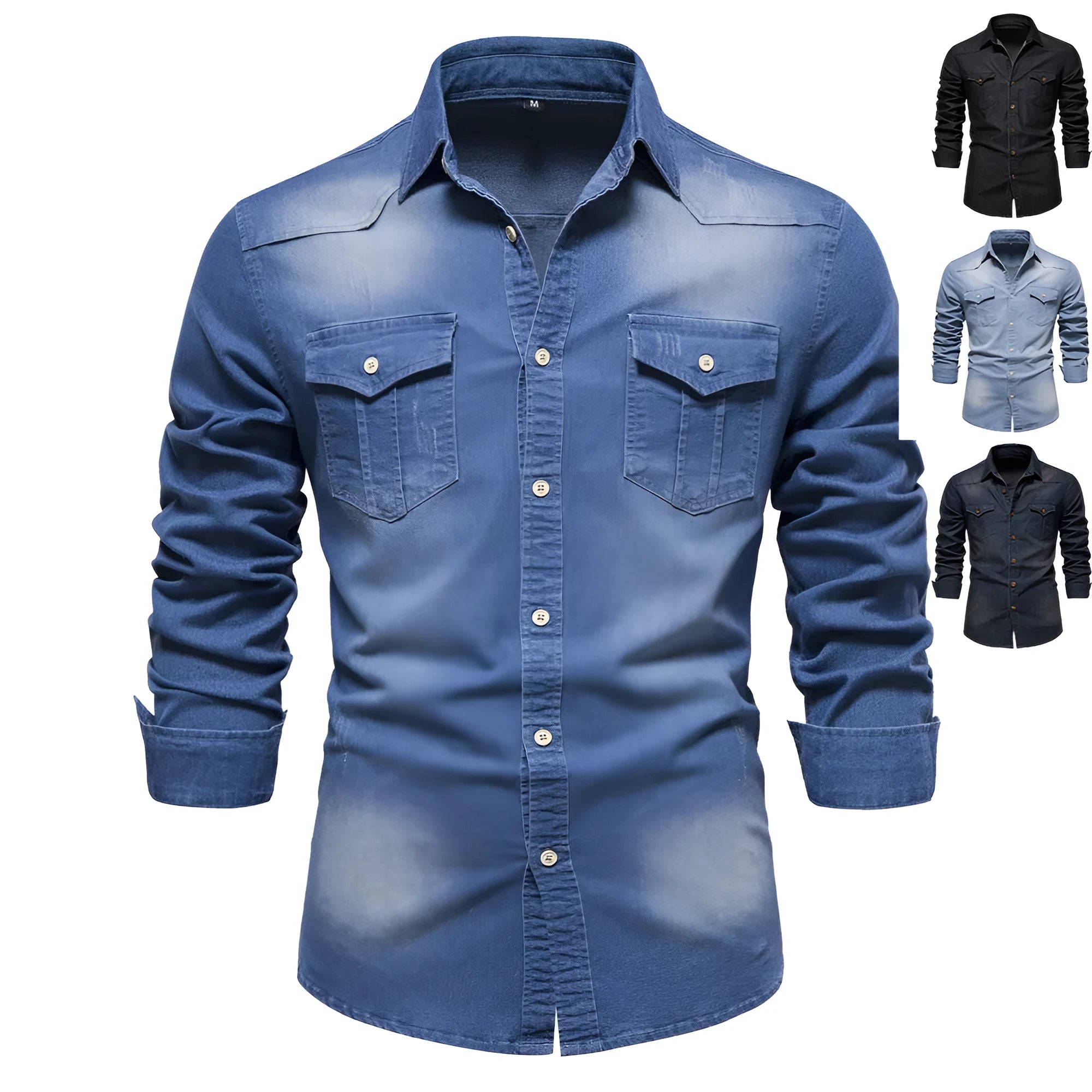 Men's long-sleeved slim fit cotton denim shirt in solid colour available in Black, Light blue, Medium blue, Tibetan Blue