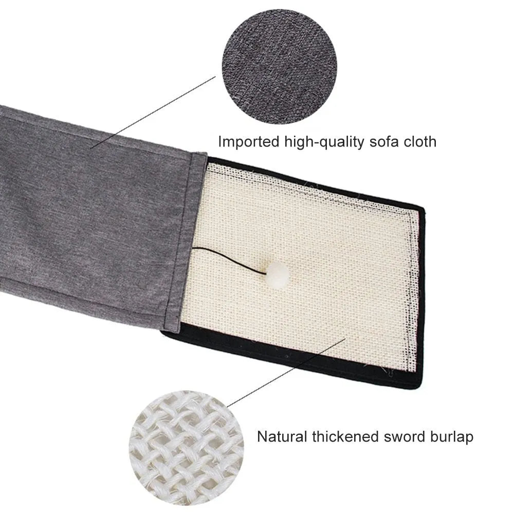 Beige cat scratch board sisal pad on sofa armrest for furniture protection, handrail style