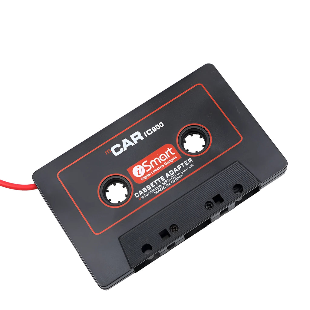 Black car cassette tape adapter with a 3.5mm audio jack plug for connecting MP3 players and phones.