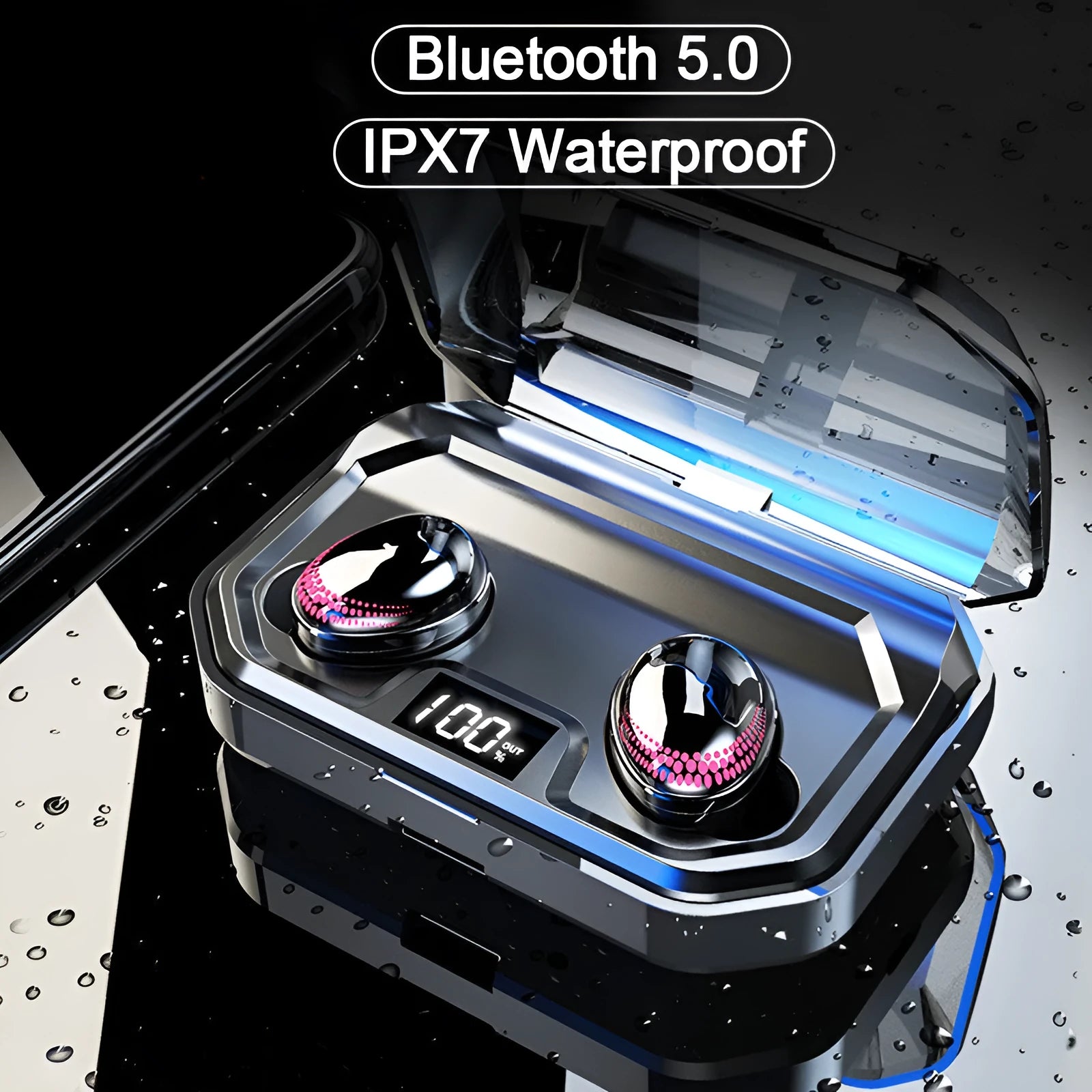 Black X10 Bluetooth wireless headset and its compact charging case on a white background.