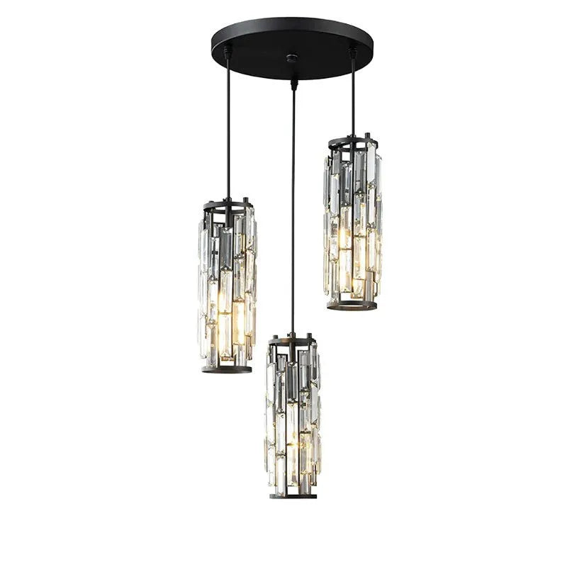 Industrial style LED crystal droplight in black finish with metal frame and crystal pendant detail