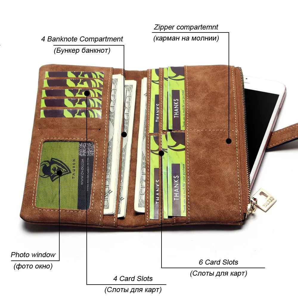 Women's retro matte PU leather long wallet with zip closure showing internal card slots and compartments