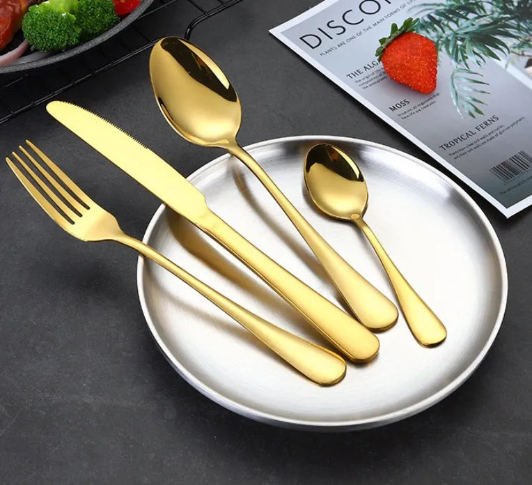 High-end tableware 24 piece set in stainless steel with one-piece moulding, available in multiple colours including black gold and rose gold
