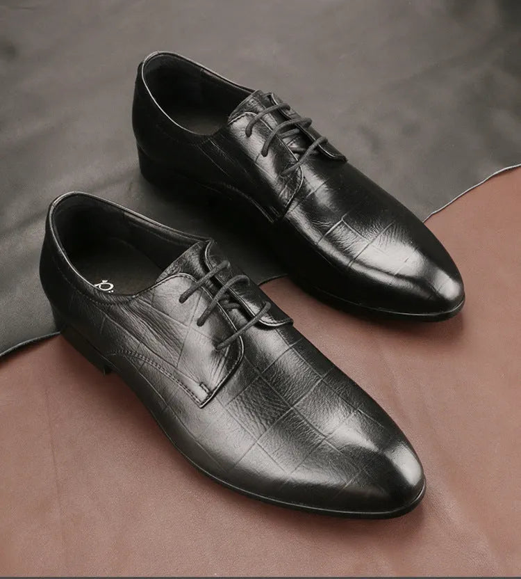 Men's black and coffee brown cow leather derby shoes with pointed toe and hand-sewn detailing
