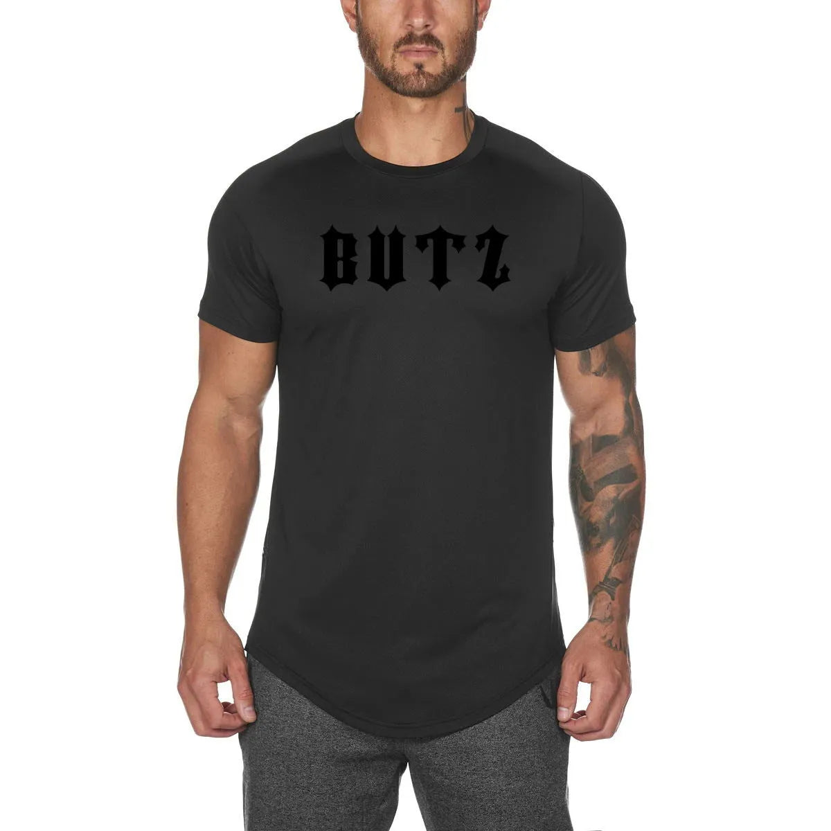 Men's plain and lettered fitness sports shirt in cotton-spandex blend on hanger