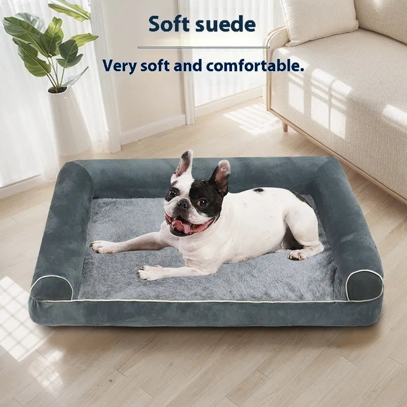 Square dog bed with sponge filling in blue colour showing breathable construction