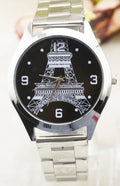 Silver Eiffel Tower wrist watch with Roman numeral dial on stainless steel strap