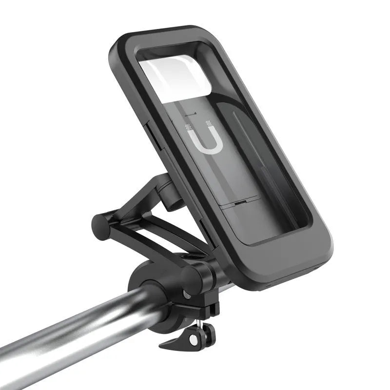 Adjustable waterproof bicycle phone holder mount in black, holding a smartphone on a handlebar with magnetic suction and 360-degree rotation