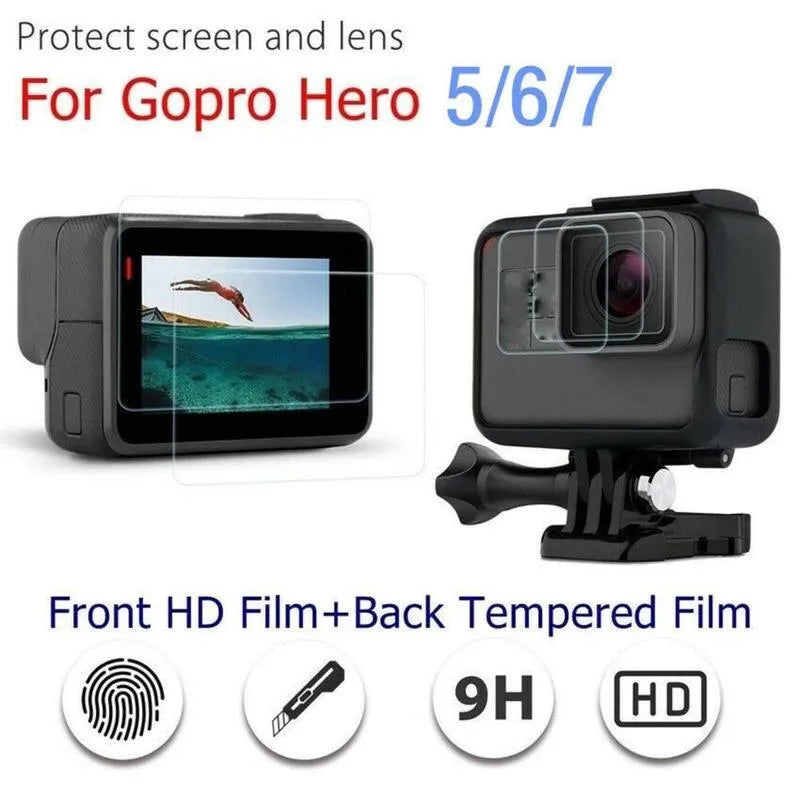 Transparent 9H tempered glass screen protector for GoPro Hero 5/6/7 camera lens and LCD