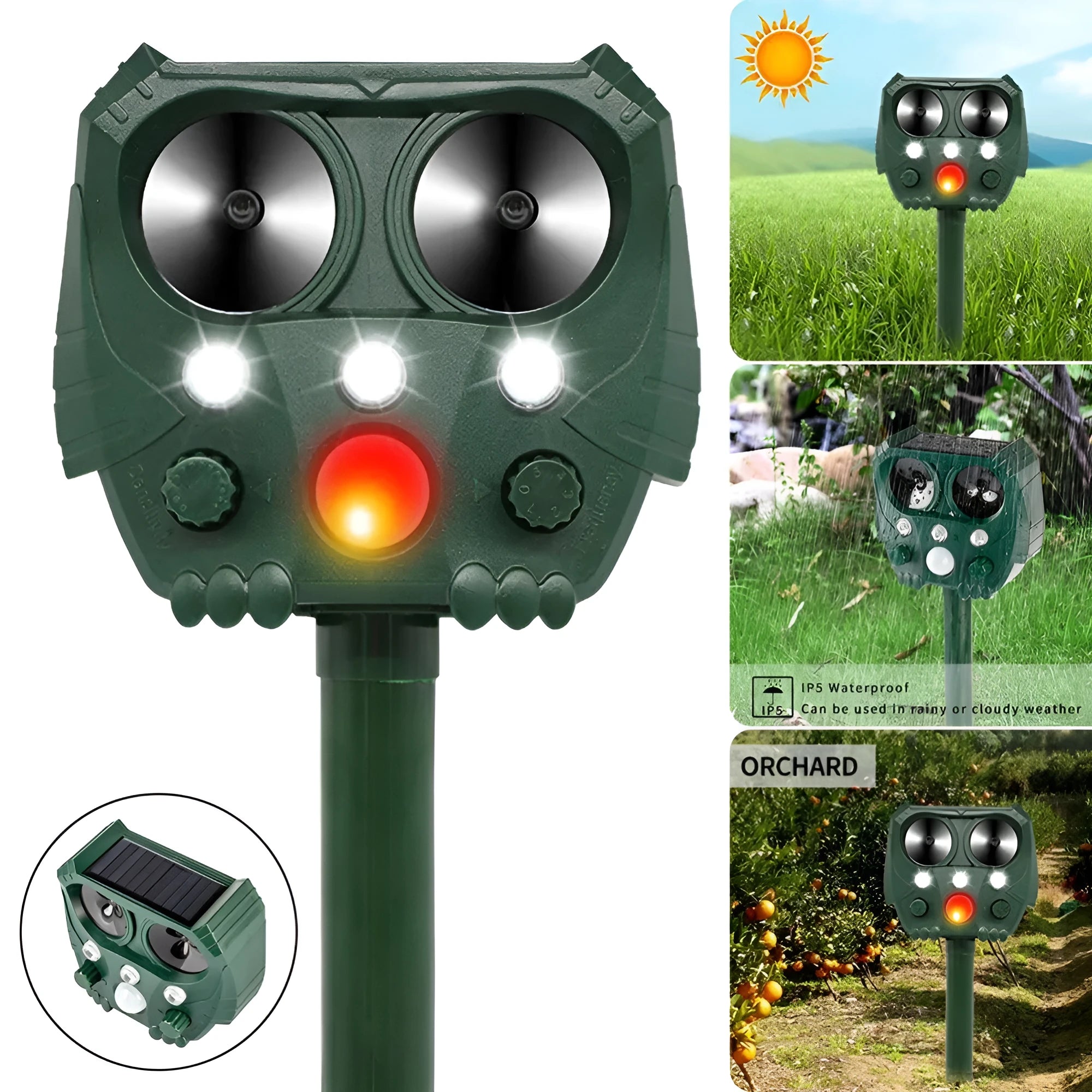 Green solar-powered ultrasonic dog repeller with LED lights for outdoor animal deterrent.
