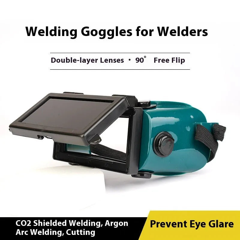 Light-changing electric welding glasses head-mounted type in green with flip dimmer and PVC frame