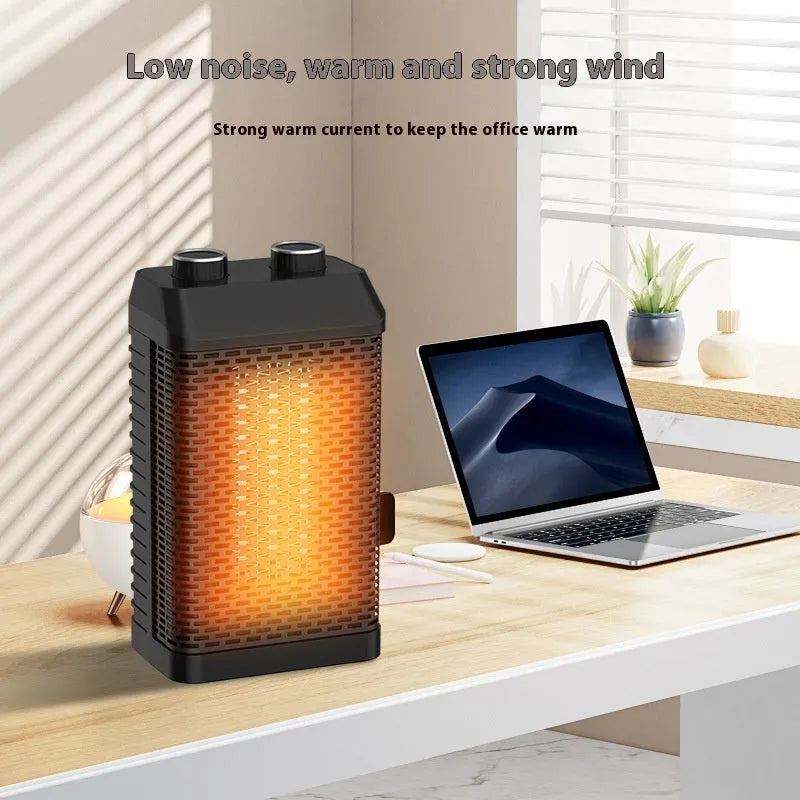 Black remote control desktop heater with compact design and shaking head air outlet
