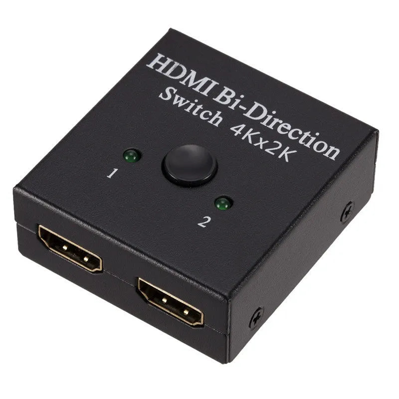 HDMI switcher 2 in 1 out in black plastic casing with two input ports and one output port
