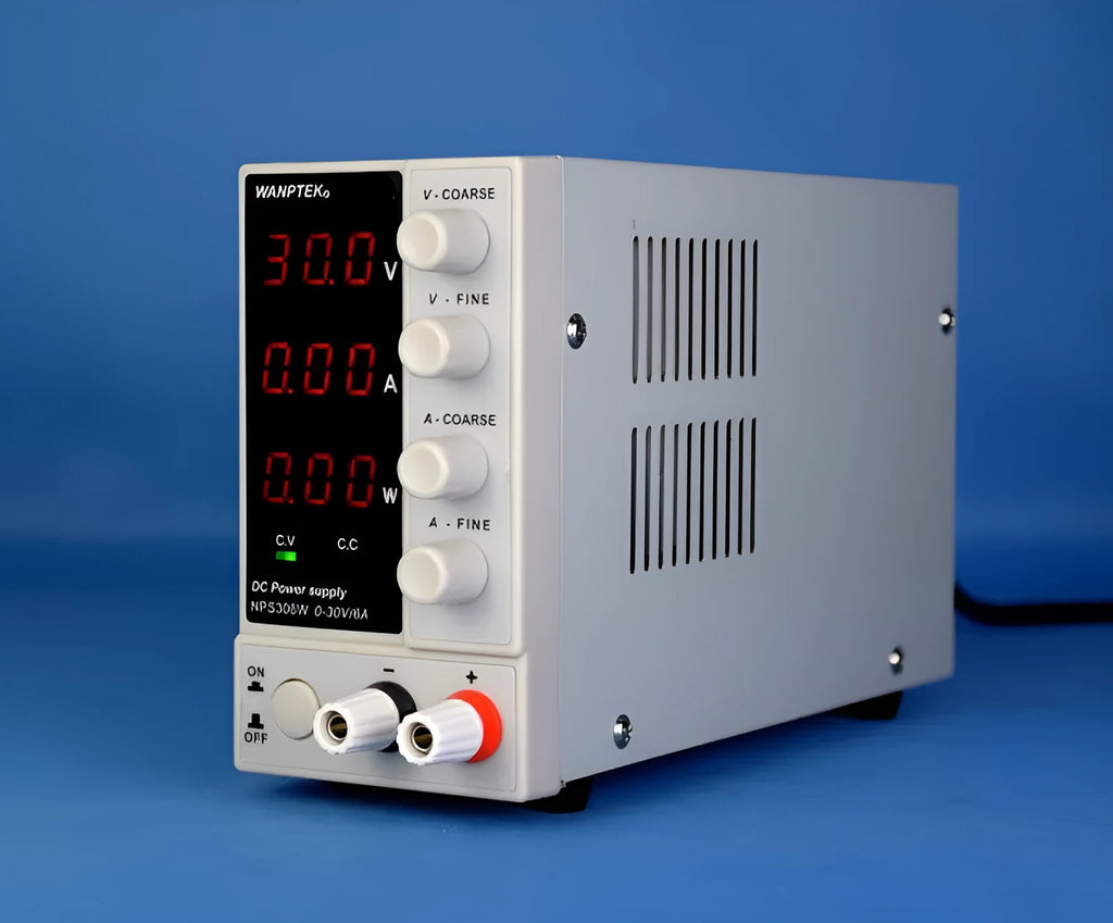 White adjustable DC laboratory power supply unit with controls for 0-60V and 0-5A output.