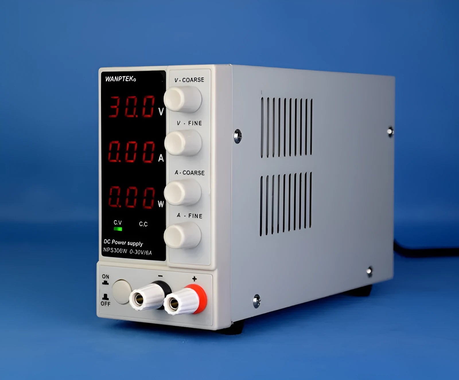 White adjustable DC laboratory power supply unit with controls for 0-60V and 0-5A output.