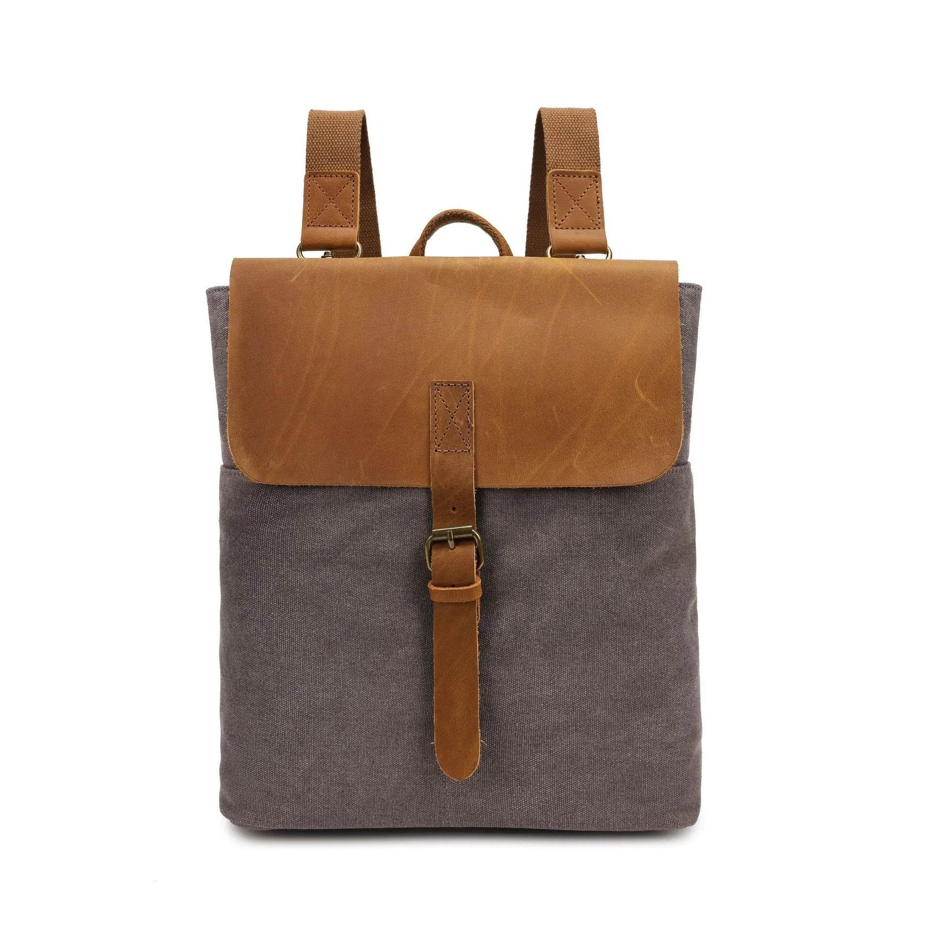 Canvas waterproof backpack with splicing design in khaki colour, 29x13x35cm