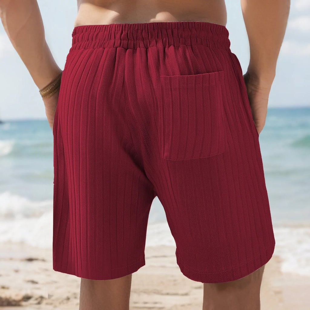 Men's striped linen-blend beach pants in khaki with elastic waist and multi-bag lace detail