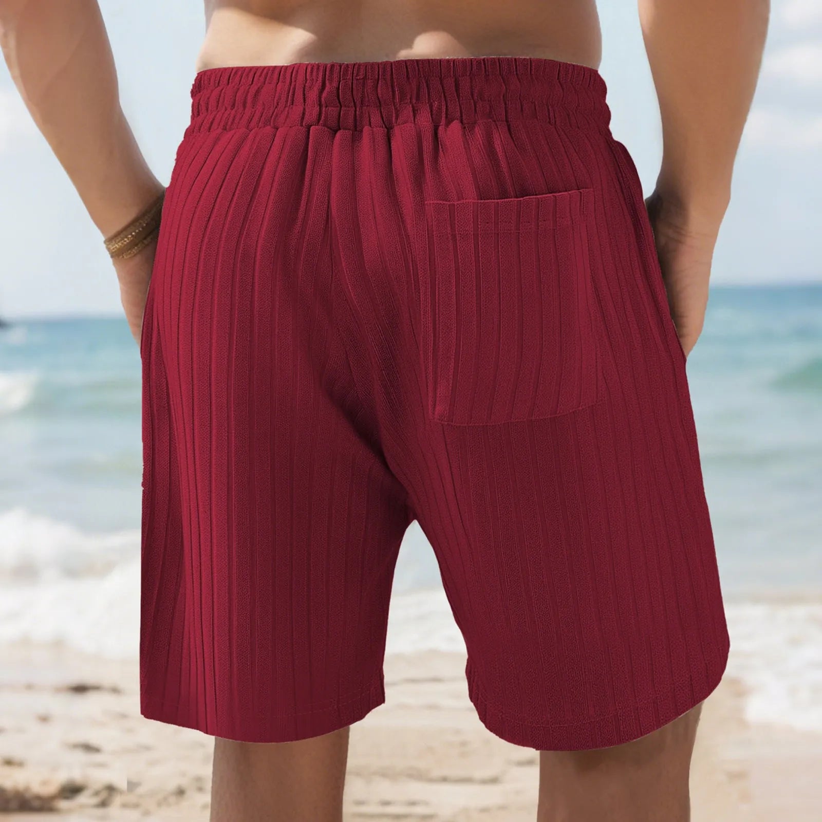 Men's striped linen-blend beach pants in khaki with elastic waist and multi-bag lace detail