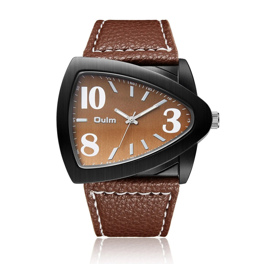 Men's casual triangle belt quartz watch showing 9mm thickness and colour options