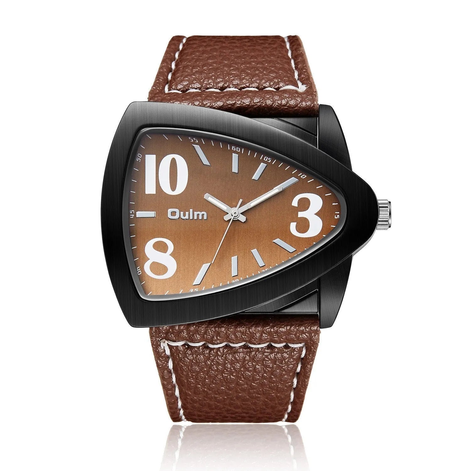 Men's casual triangle belt quartz watch showing 9mm thickness and colour options