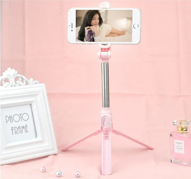 Bluetooth tripod selfie stand with 360° clip and anodised aluminium rod, extended as tripod