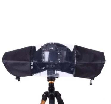 Single lens reflex camera with long focus lens fitted with a rainproof cover for outdoor wet weather protection