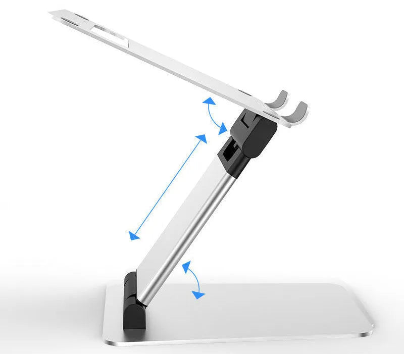 Silver aluminium alloy folding double-arm stepless stand holding a 17-inch notebook on a desk