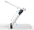 Silver aluminium alloy folding double-arm stepless stand holding a 17-inch notebook on a desk