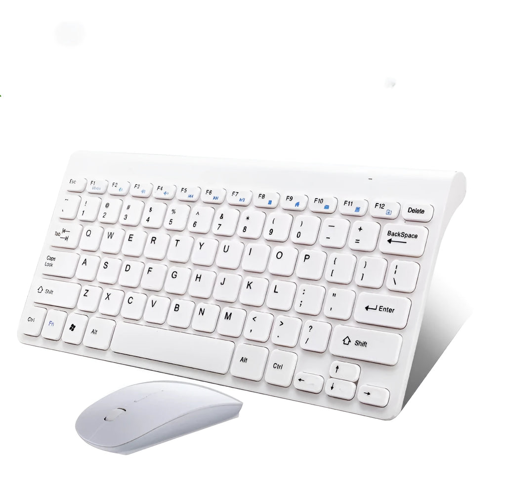 Black wireless keyboard and mouse set on wooden desk with USB receiver