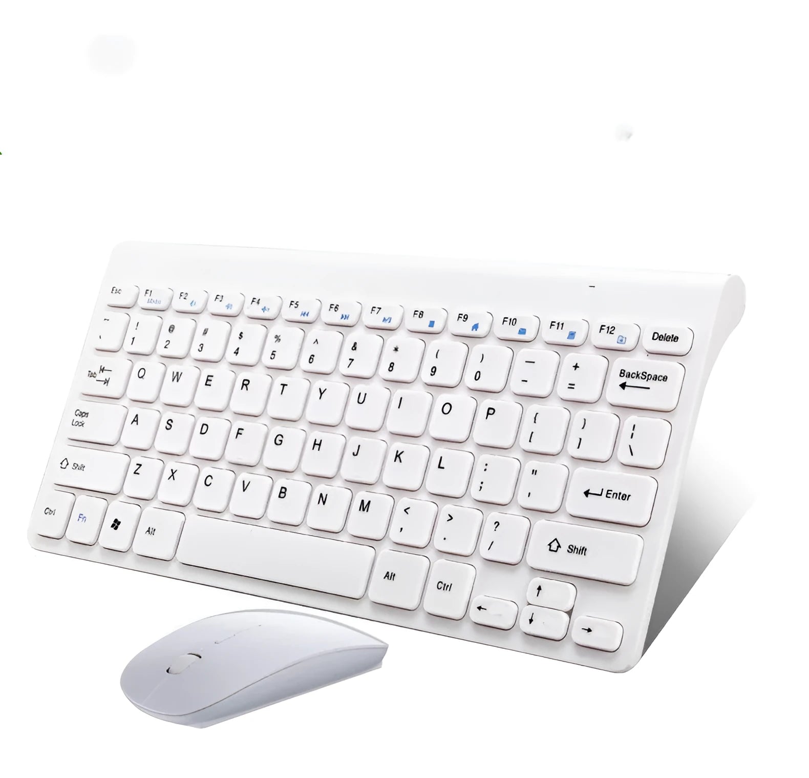 Black wireless keyboard and mouse set on wooden desk with USB receiver