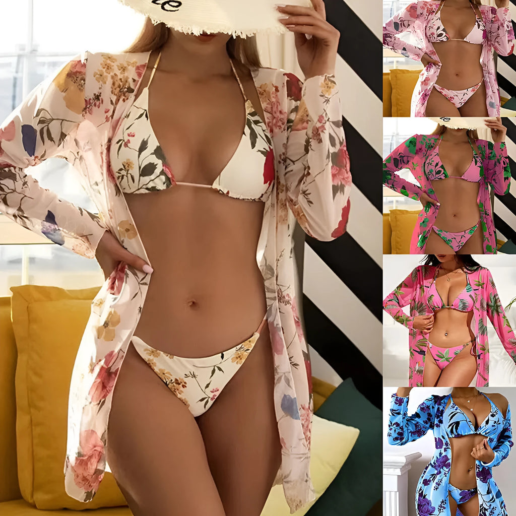 Women's printed mesh three-piece swimsuit set with floral pattern in Milky White, polyester fabric