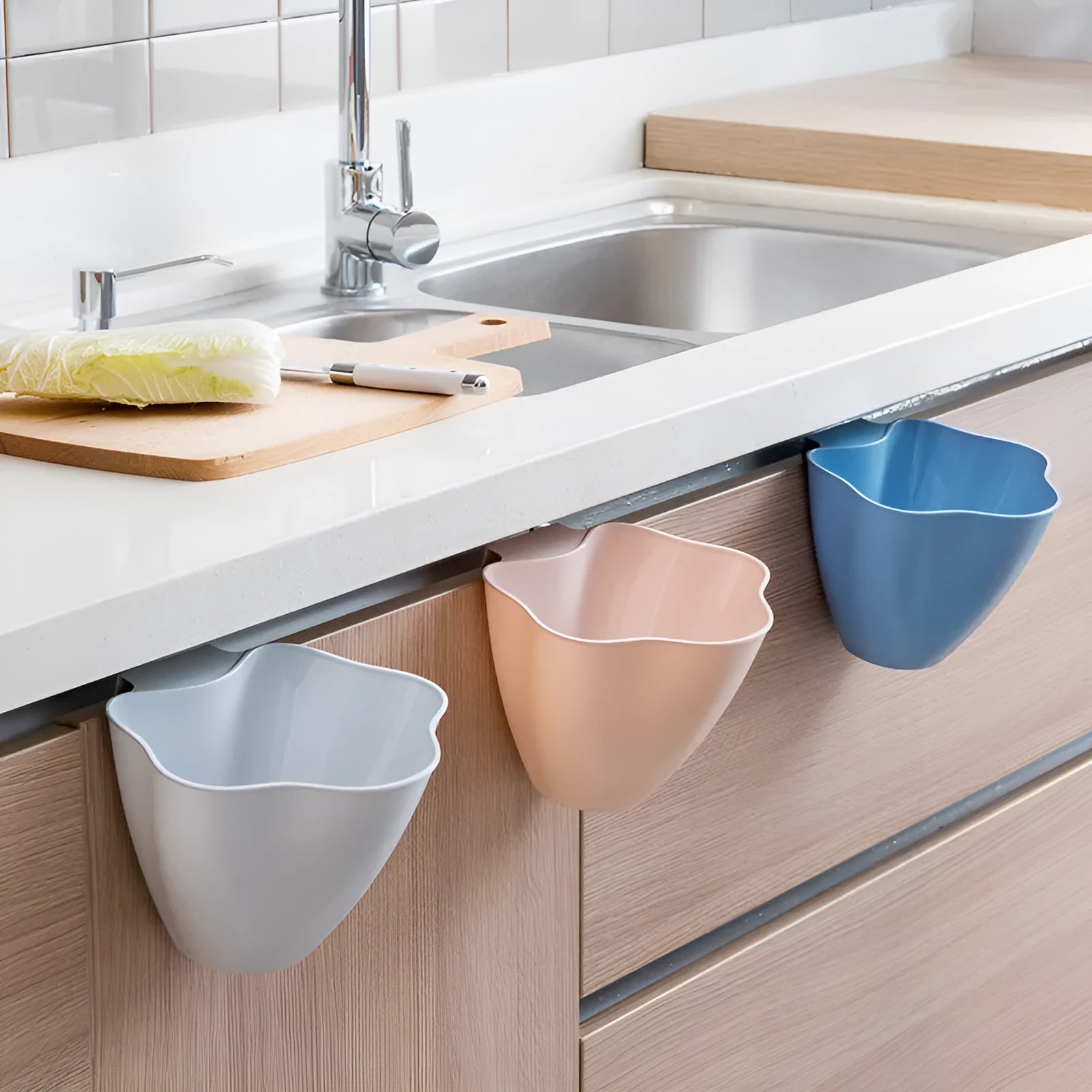 Compact Nordic cabinet garbage can with lid in blue, grey, and pink colour options, size 21x16x14cm