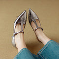 Women's genuine leather pointed-toe high heels with chunky heel in gun colour