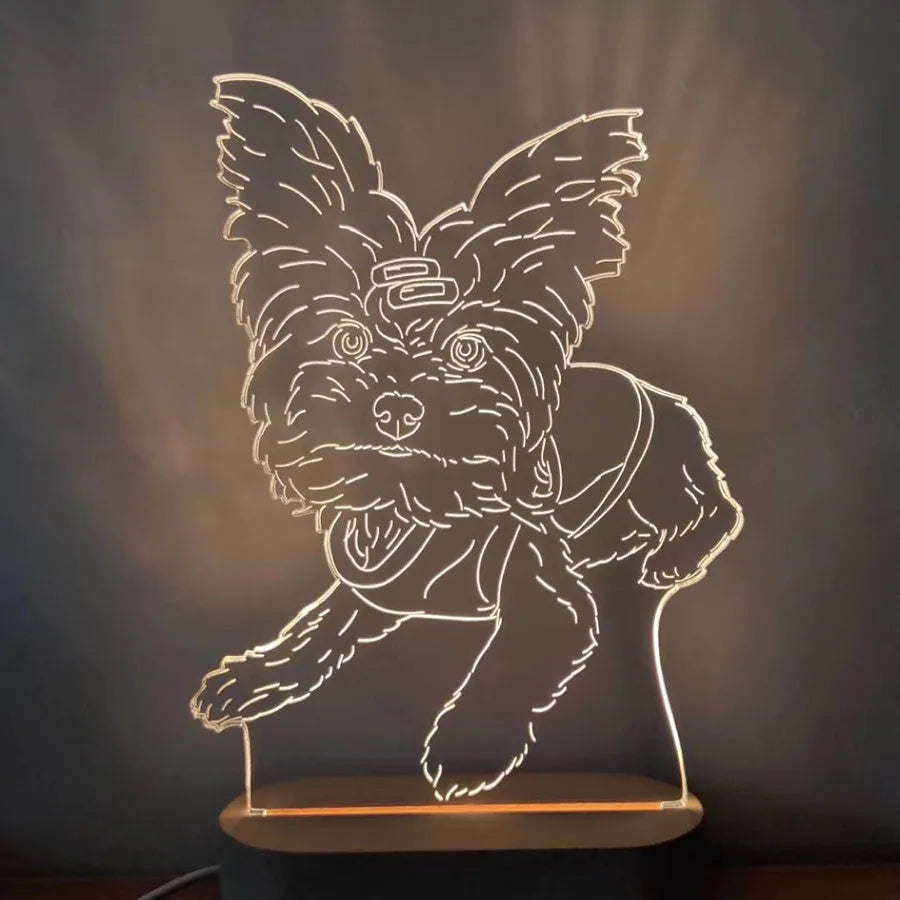 Custom photo 3D stereo night light with acrylic shade on a desk, displaying a clear portrait with soft glow