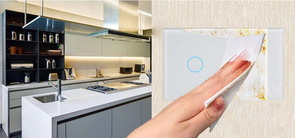 White 2-gang RF remote control light switch with tempered glass touch panel and LED indicators