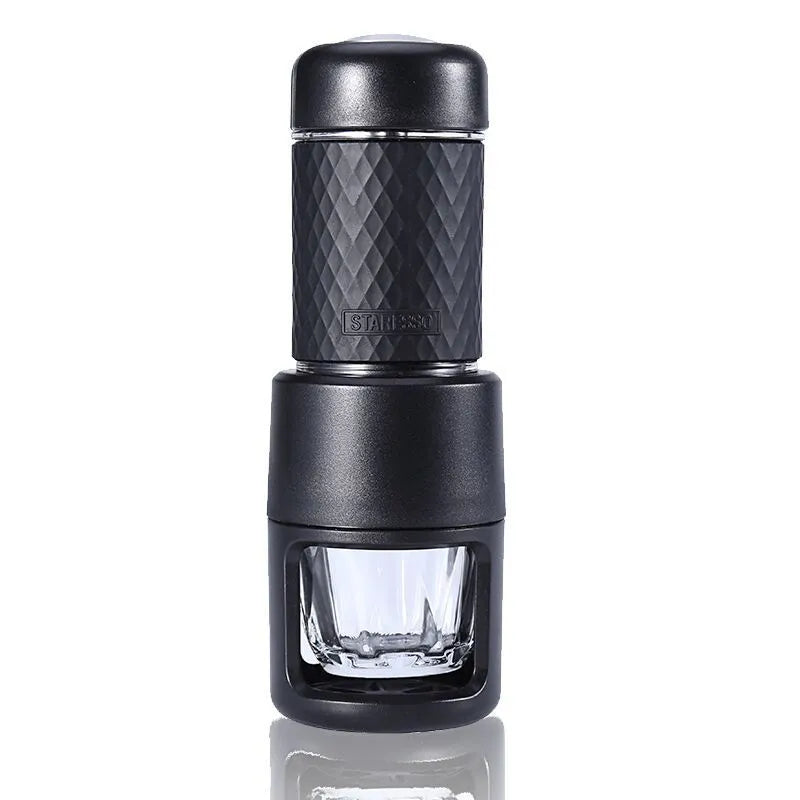 Portable manual espresso coffee machine in black, stainless steel, 7x7x20.3 cm