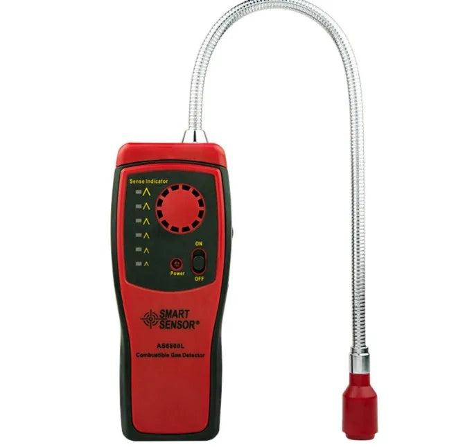 AS8800L portable flammable gas detector showing front display with LED lights and compact handheld design