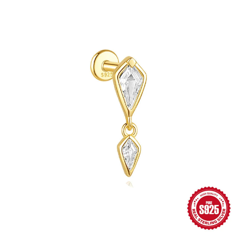 S925 sterling silver geometric kite earring with a rhinestone chain tassel in gold electroplate.