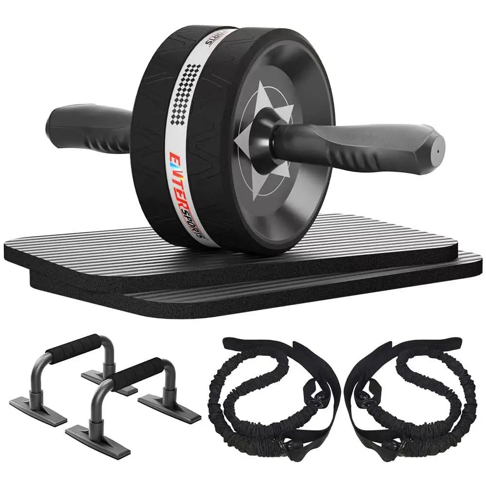 Indoor sports equipment push-up bracket in black with seven abdominal wheel pieces