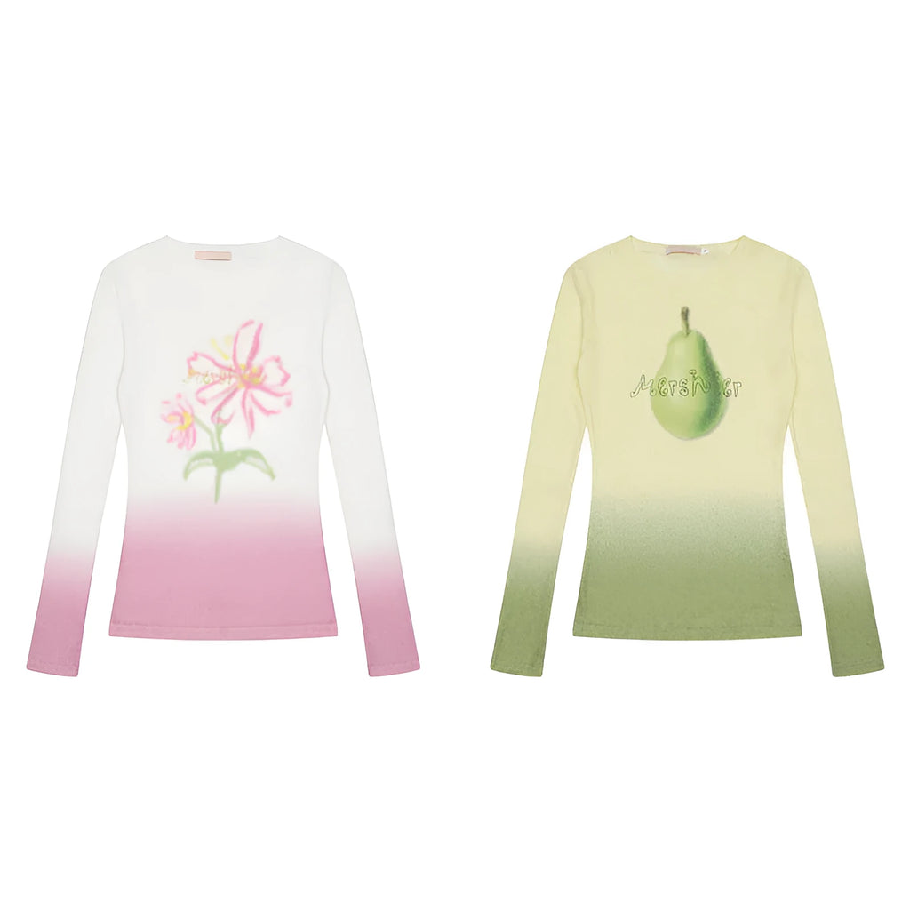 Women's gradient flower long-sleeved T-shirt in light pink, thin polyester fabric, available in sizes S M L