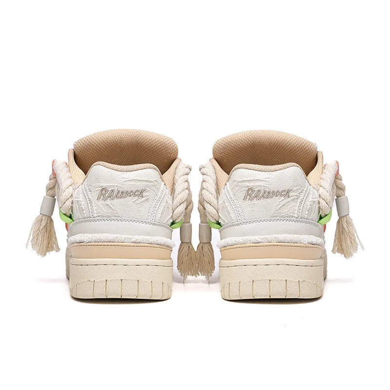 Creamy white retro skateboard shoes with old damage style, lace-up front, platform heel and round toe