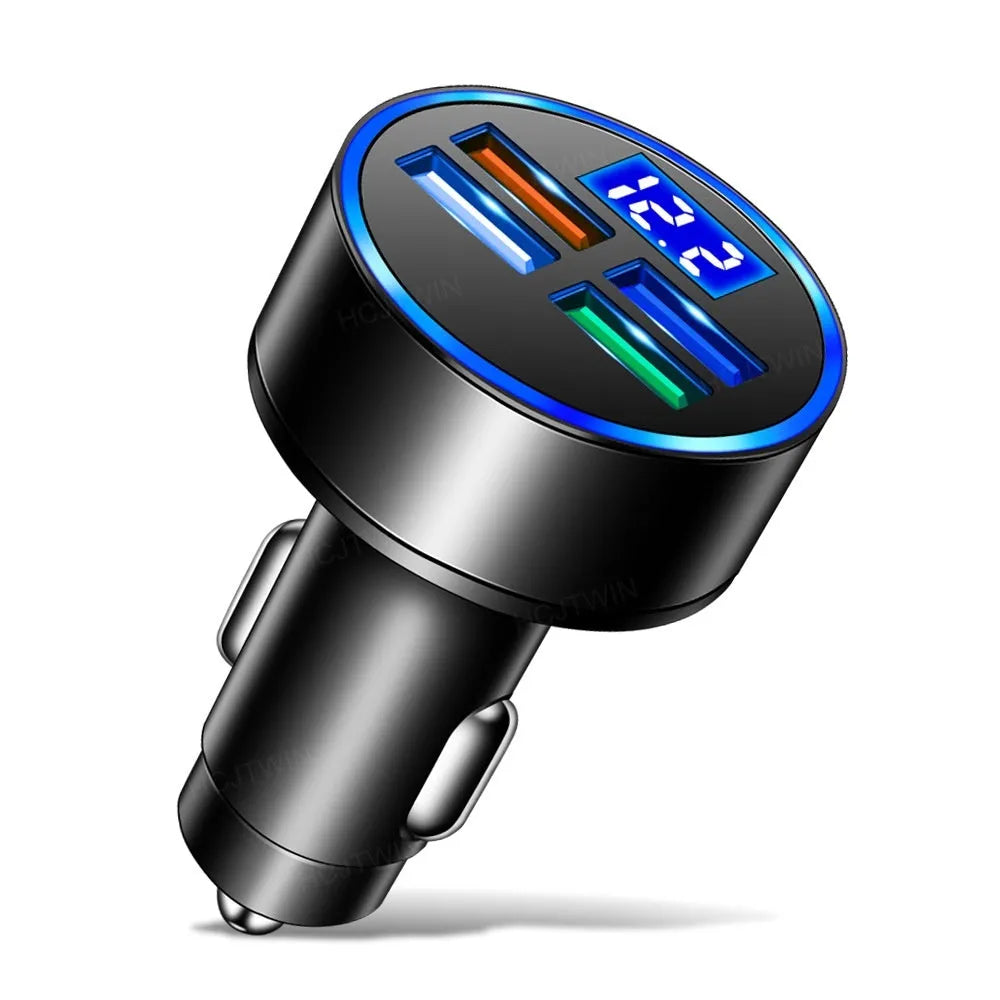 Black multi-port car charger for 12-24V vehicles with 3100mA output capacity