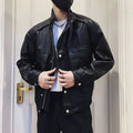 Men's black Korean-style pilot leather jacket with side pockets and straight hem