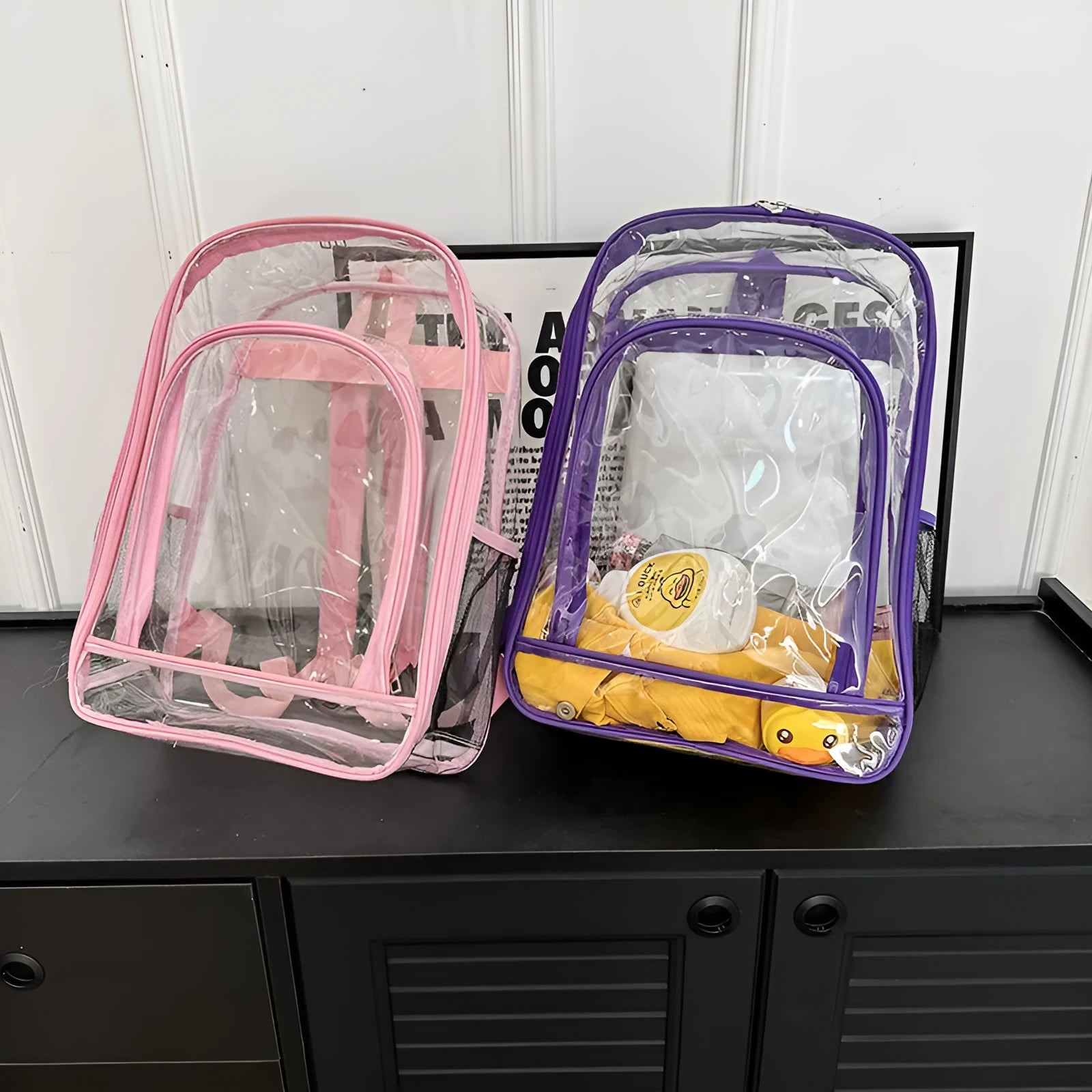 Transparent PVC waterproof backpack with inner bag in grey, measuring 30cm by 16cm by 44cm