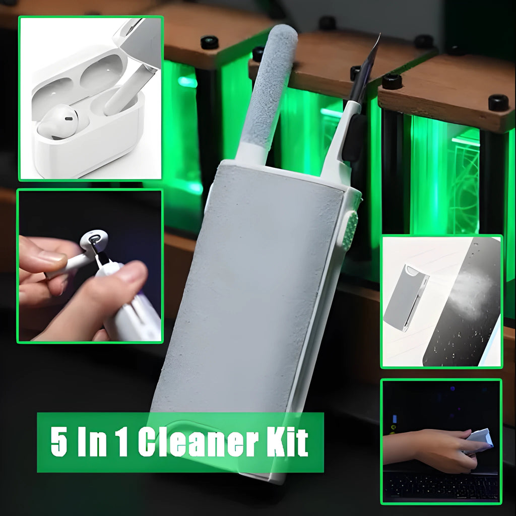 5 In 1 Screen Cleaner Kit with flocking sponge, brush, and metal tip for cleaning earphones, phones, and laptops