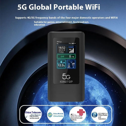 Black 5G portable Wi-Fi router showing LCD screen, size compared to a hand, with Type-C charging cable.
