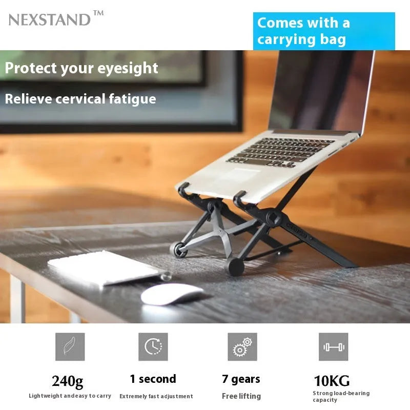 Folding portable laptop stand in sagacious black showing 40 cm width and folded position