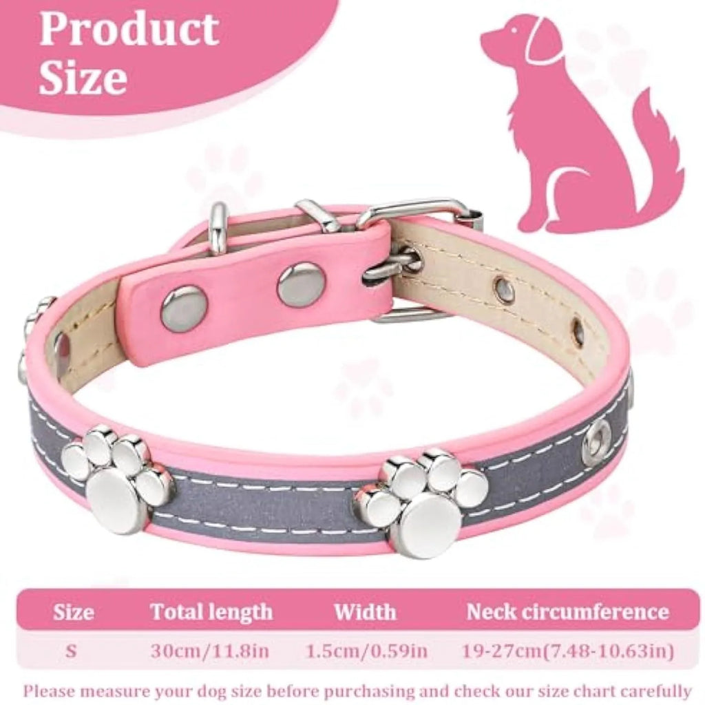 Reflective adjustable dog collar made of brown PU leather with a metal buckle and paw-shaped rivets.