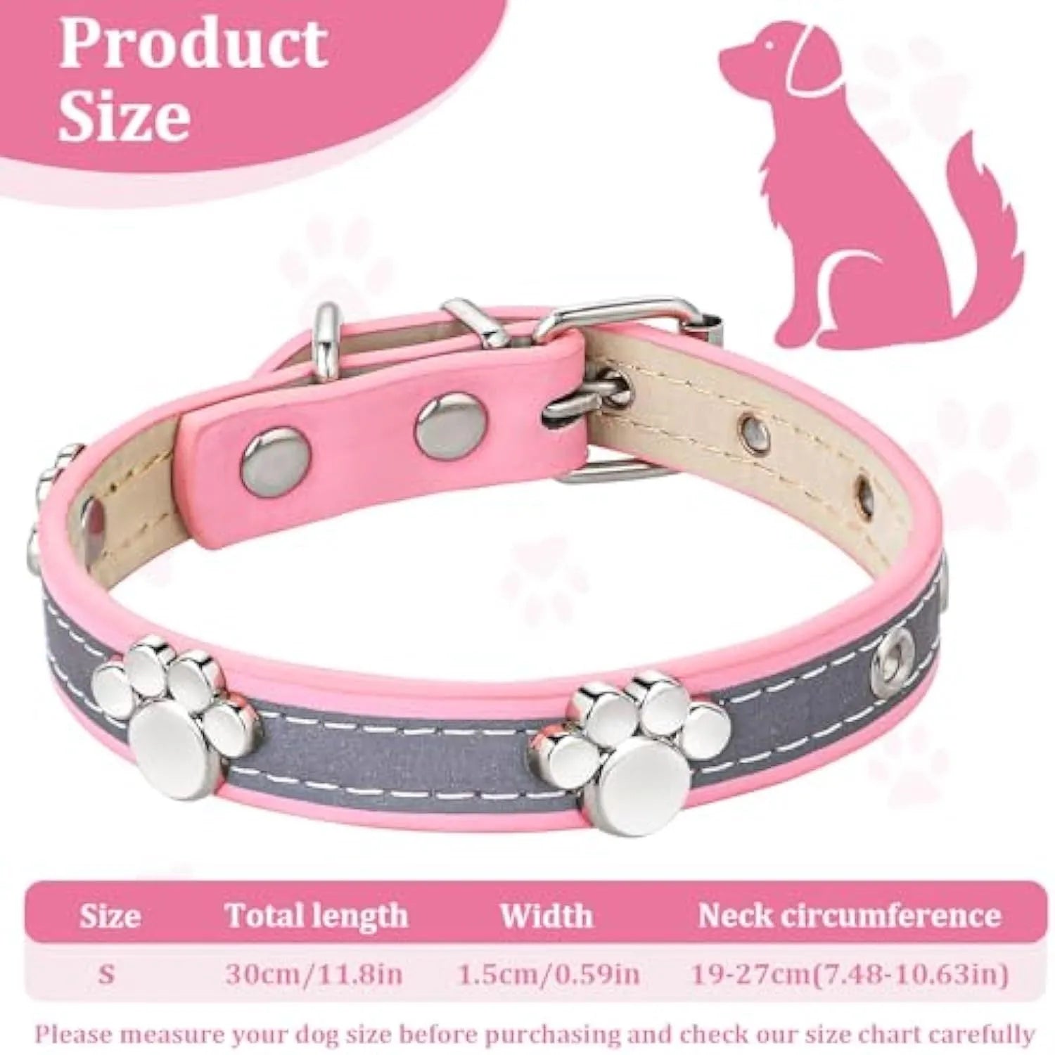 Reflective adjustable dog collar made of brown PU leather with a metal buckle and paw-shaped rivets.