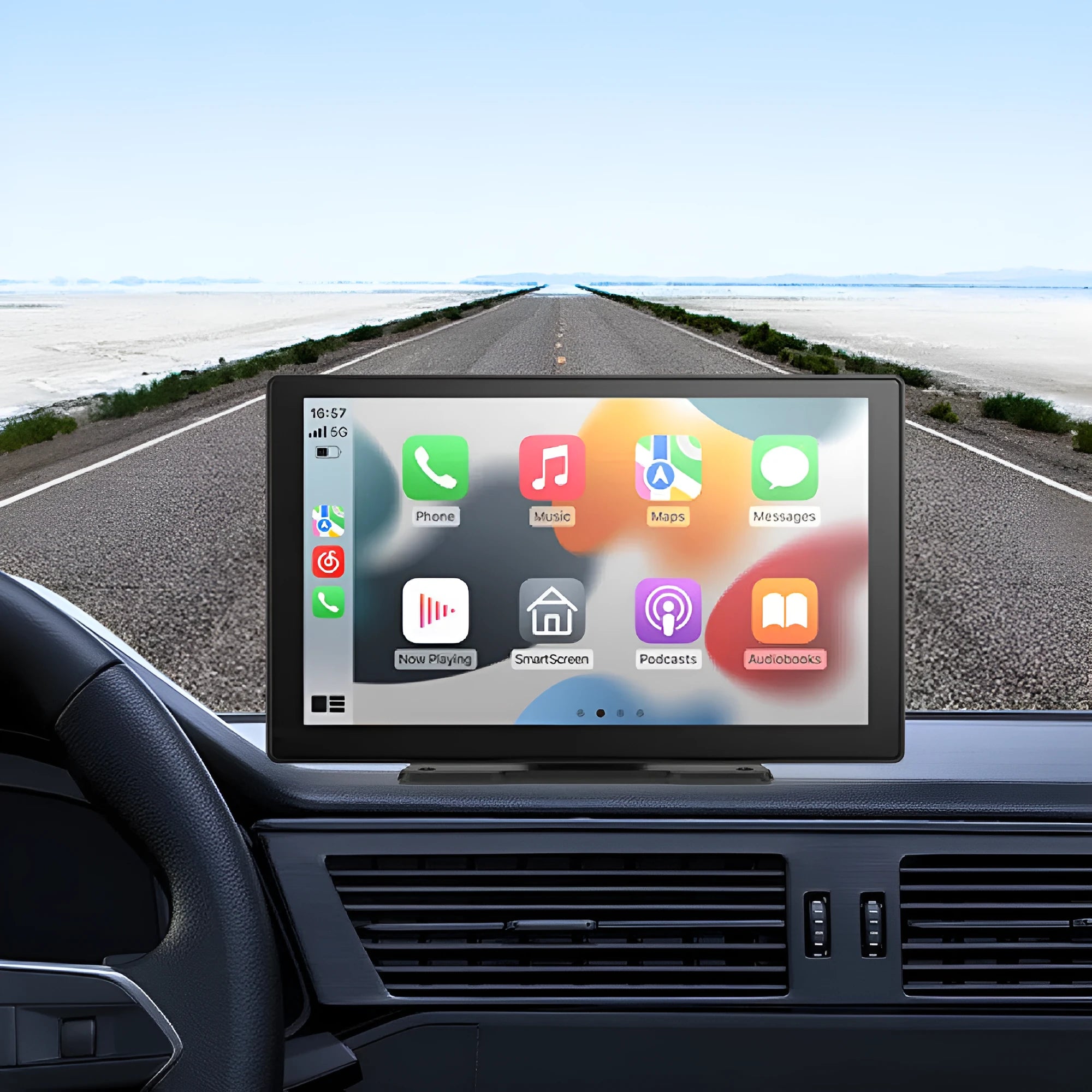 9-inch Carplay dashcam with dual lens 2.5K front and 1080P rear, touchscreen, centre console mount